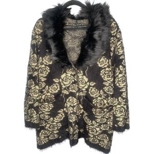 Black Rivet women's Cardigan Sweater‎ Gold Black Floral Faux Fur Collar Large